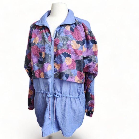 Vintage 90s Reebok Purple‎ Abstract Hooded Full Zip Track Long Jacket Size L - Picture 2 of 14